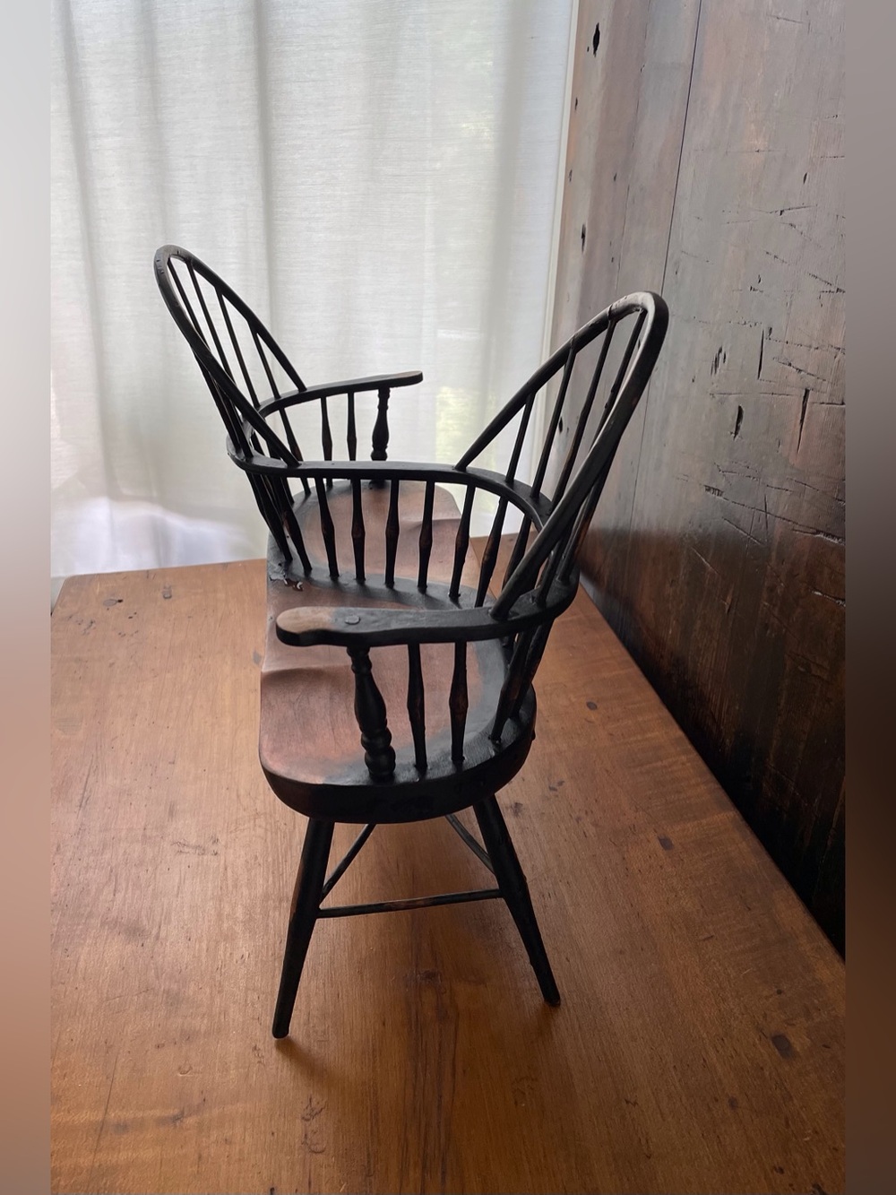 Vintage Doll Miniature Windsor Tete-a-Tete Chair 16" Wood Courting Kissing Bench